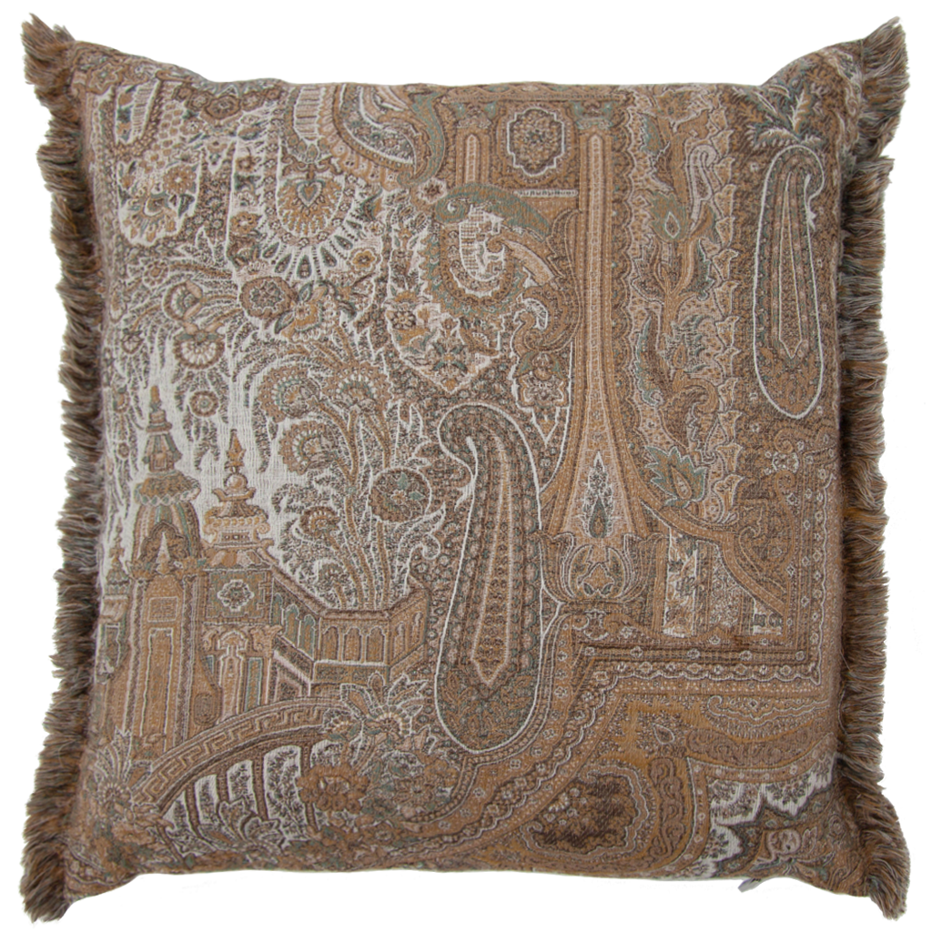 Decorative pillow with intricate paisley pattern and fringes on a white background