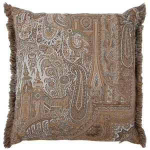 Decorative pillow with intricate paisley pattern in brown and beige tones.
