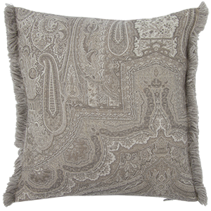 Gray patterned pillow with fringes on a plain background